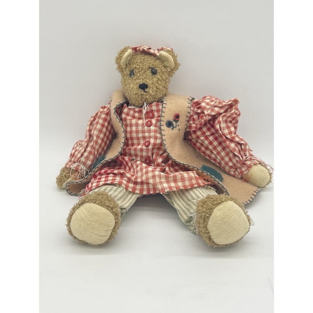 Vintage 1996 Tender Heart Treasures Country Teddy Bear – 17" Plaid Dress